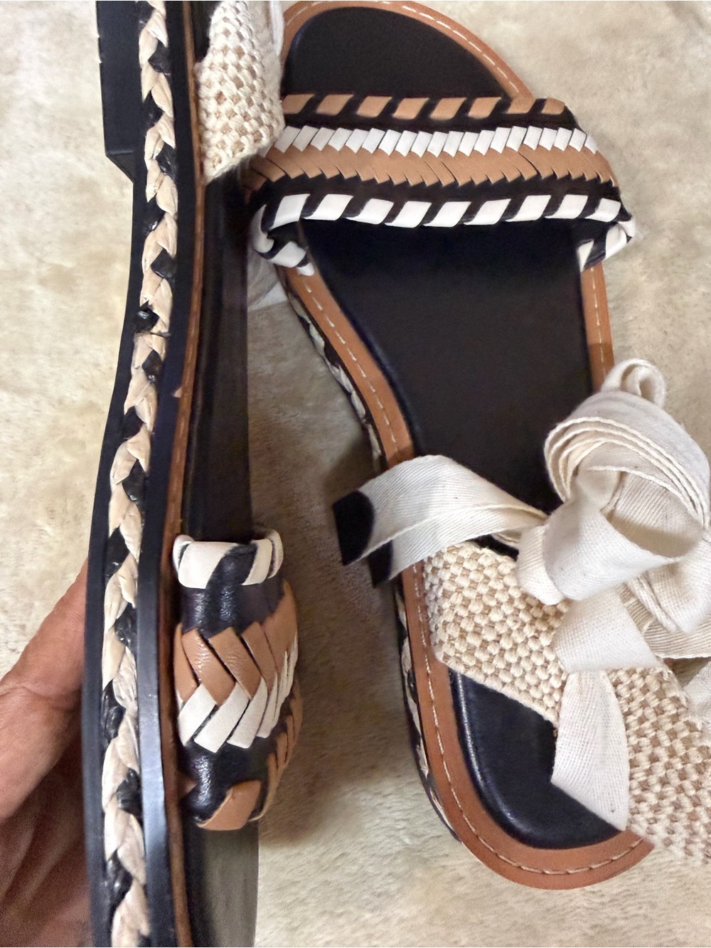 Vince Camuto Women's Black and Tan Braided Strap Sandals with Cream Ankle Ties - Picture 15 of 16